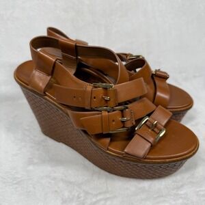 Michael‎ Kors Collection Tan Leather Woven Platform Wedge Sandals 38.5/8